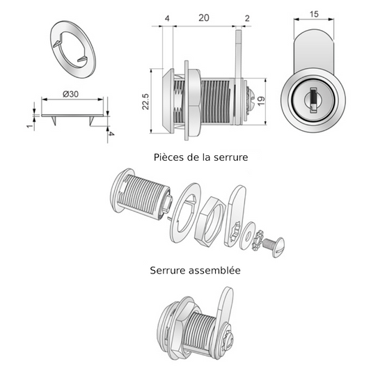 Verrou de boîte aux lettres avec plaque à came droite 19x20mm, chrome