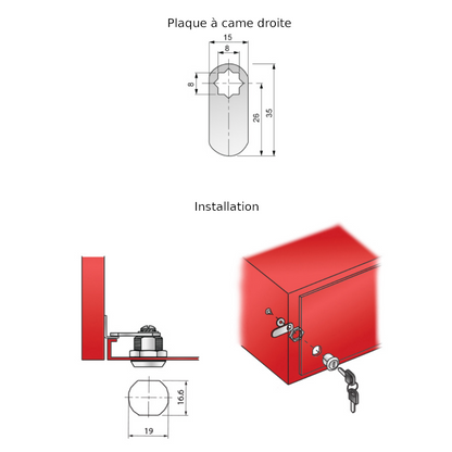 Verrou de boîte aux lettres avec plaque à came droite 19x20mm, chrome