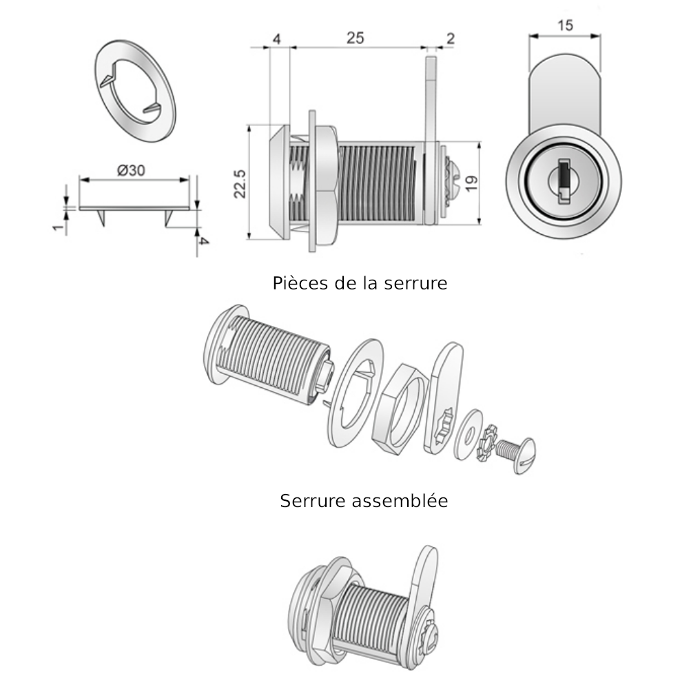 Verrou de boîte aux lettres avec plaque à came droite 19x25mm, chrome
