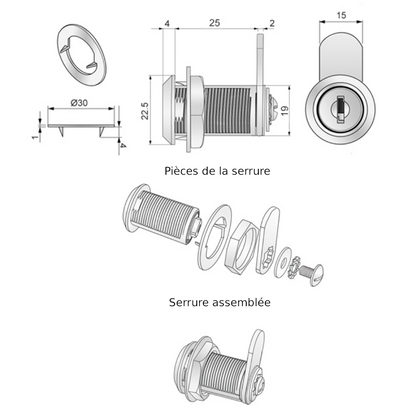 Verrou de boîte aux lettres avec plaque à came droite 19x25mm, chrome