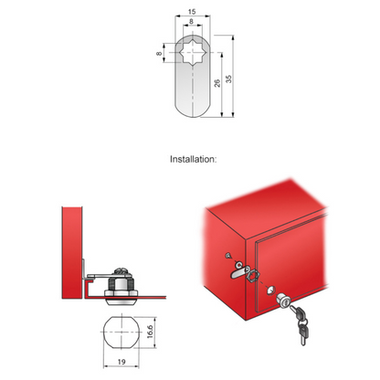 Verrou de boîte aux lettres avec plaque à came droite 19x25mm, chrome