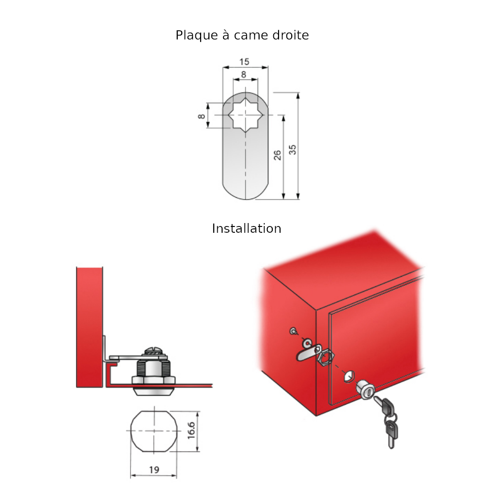 Verrou de boîte aux lettres avec plaque à came droite 19x30mm, chrome