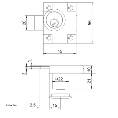 Serrure de meuble gauche/droite 22x21mm