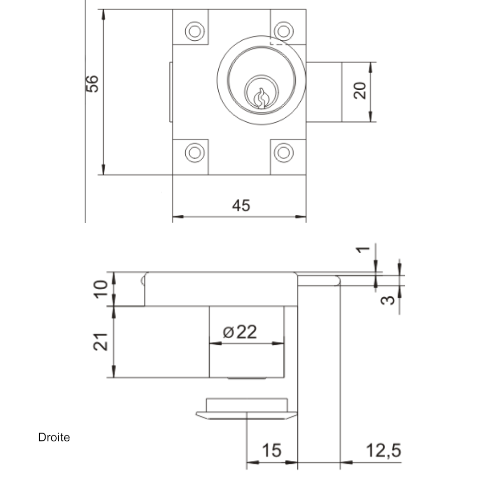 Serrure de meuble gauche/droite 22x21mm
