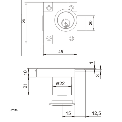 Serrure de meuble gauche/droite 22x21mm