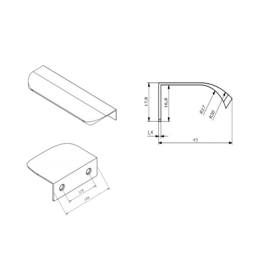 Poignée profilée rond Edge 128mm (Longueurs totales 148mm) - Aluminium