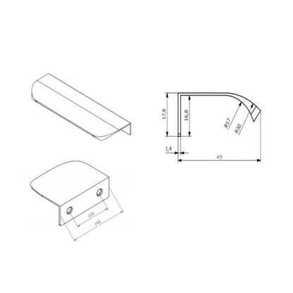Poignée profilée rond Edge 128mm (Longueurs totales 148mm) - Aluminium
