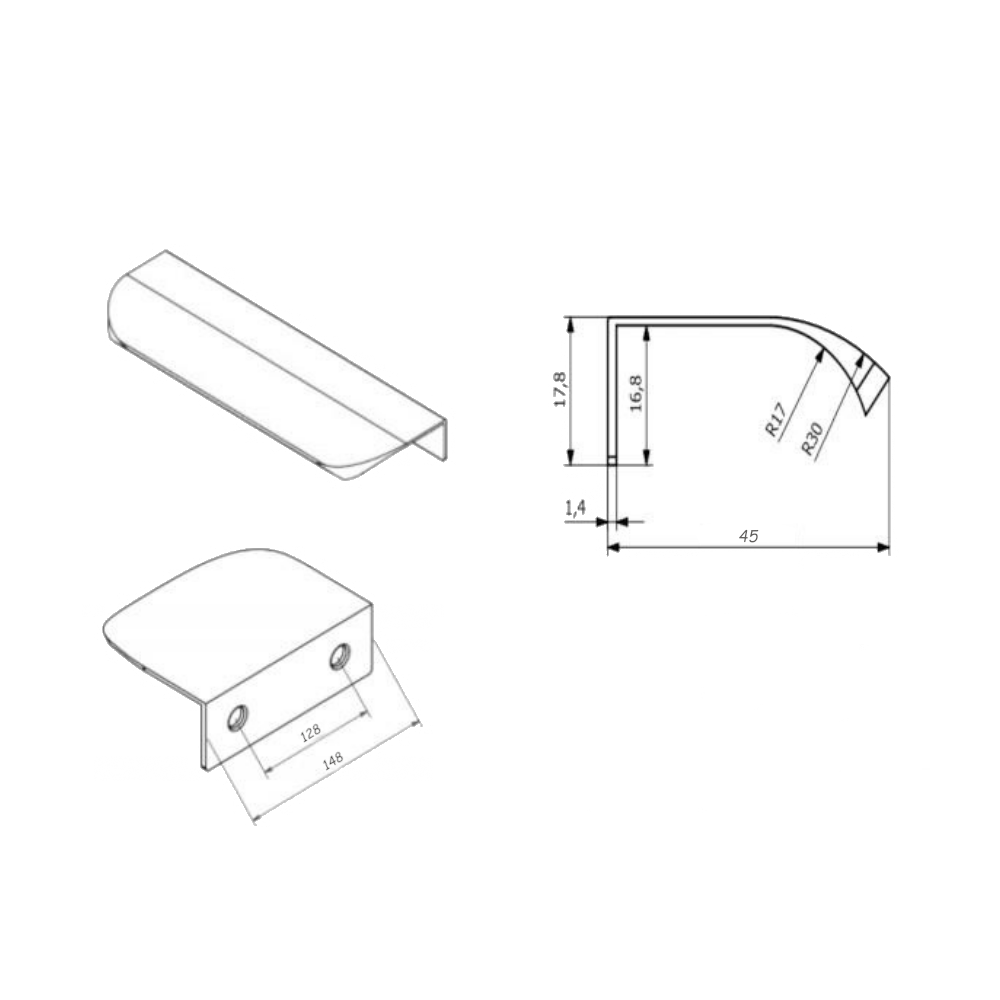 Poignée profilée rond Edge 128mm (Longueurs totales 148mm) - Acier brossé