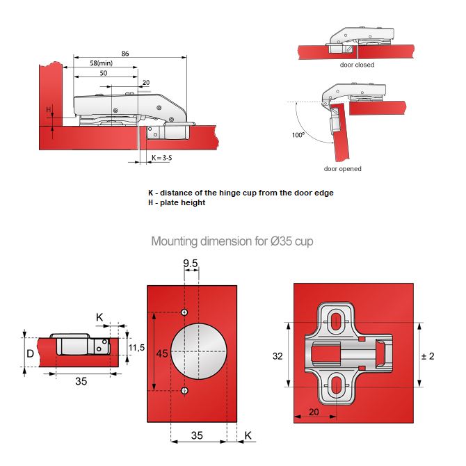 Charnière fermeture silencieuse, H2 plaque de montage avec vis EURO, portes parallèles Soft Close Furnica 