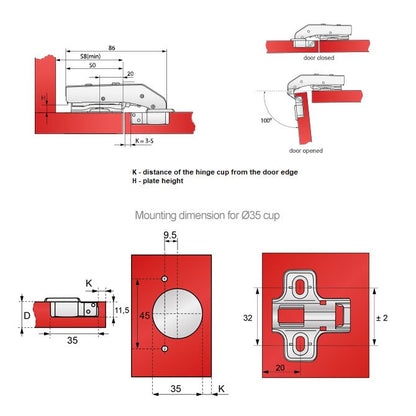 Charnière fermeture silencieuse, H2 plaque de montage avec vis EURO, portes parallèles Soft Close Furnica 