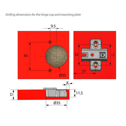 Charnière, H0 plaque de montage avec vis EURO, portes affleurantes Standard Furnica 