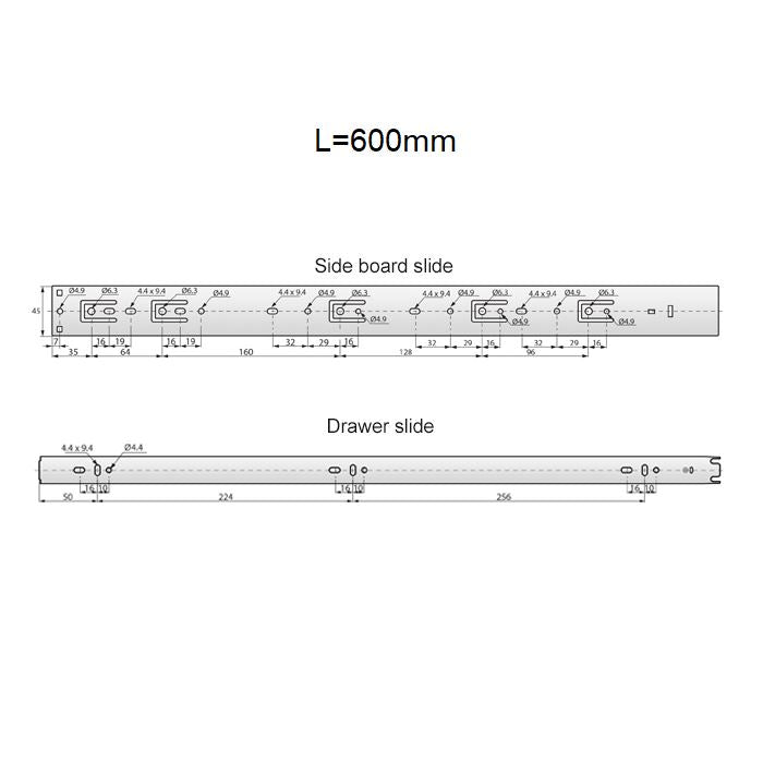 Coulisses pour tiroir Push to Open 600mm - Rainure 45mm (gauche et droite)