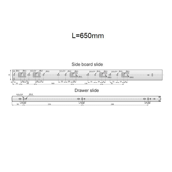 Coulisses pour tiroir Push to Open 650mm - Rainure 45mm (gauche et droite)