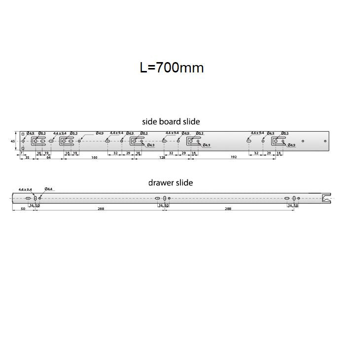 Coulisses pour tiroir verrouillage automatique 700mm - Rainure 45mm (gauche et droite)