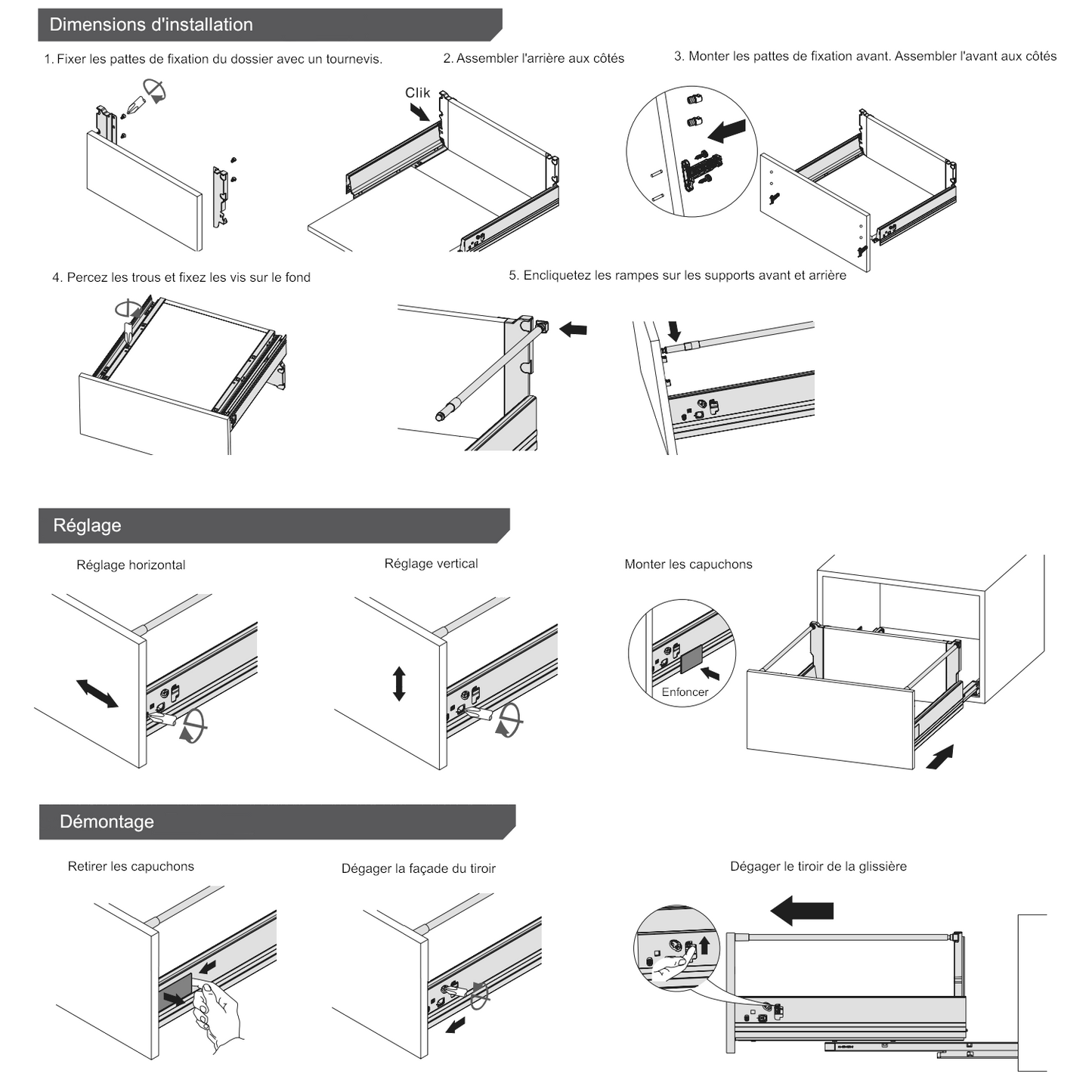 Système de tiroir à fermeture silencieuse, HAUT, H: 185mm, Blanc 270-550mm