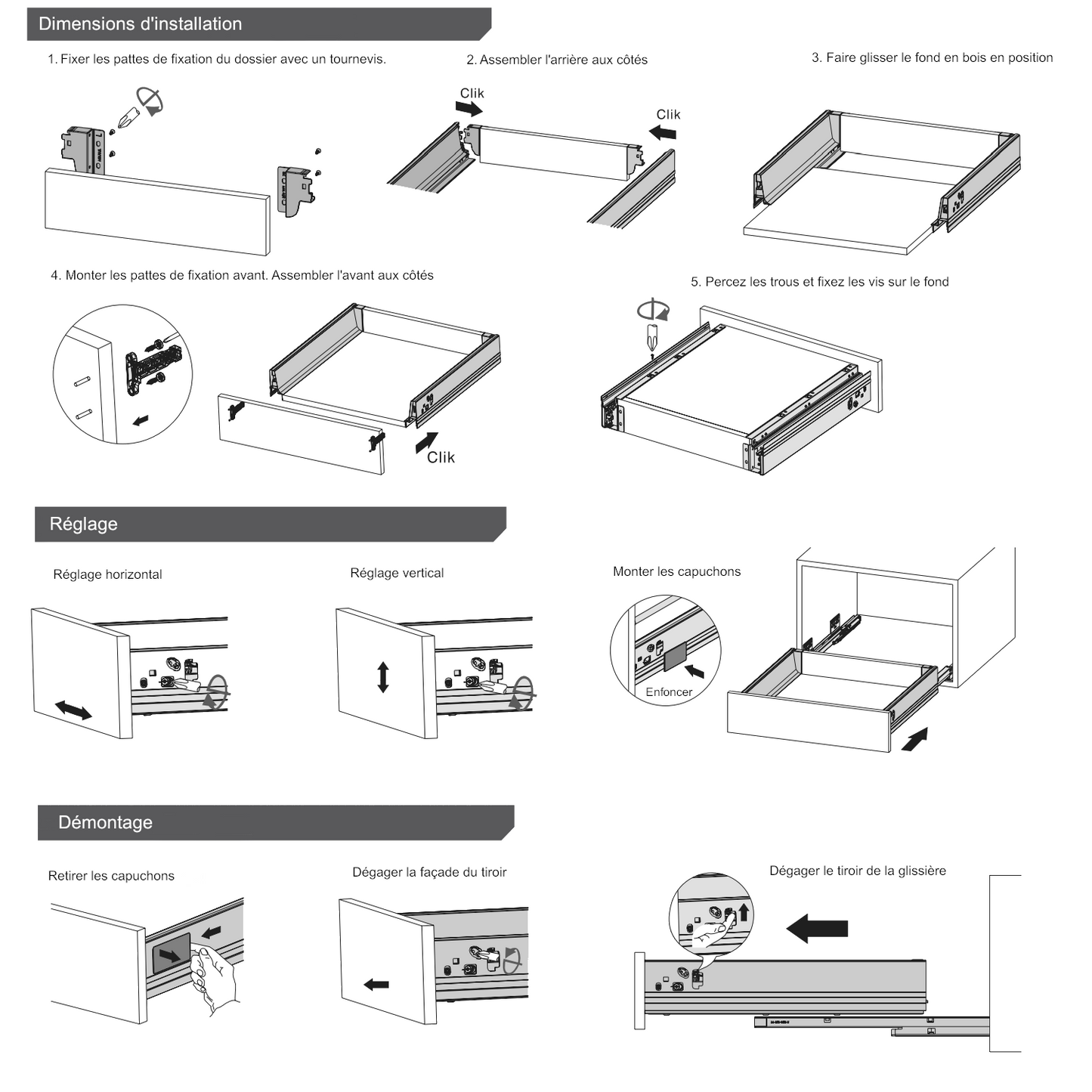 Système de tiroir à fermeture silencieuse, BASSE, H: 68 mm, Argent 270-650mm