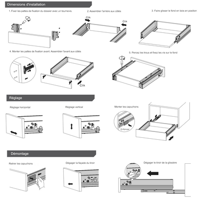 Système de tiroir à fermeture silencieuse, BASSE, H: 68 mm, Argent 270-650mm