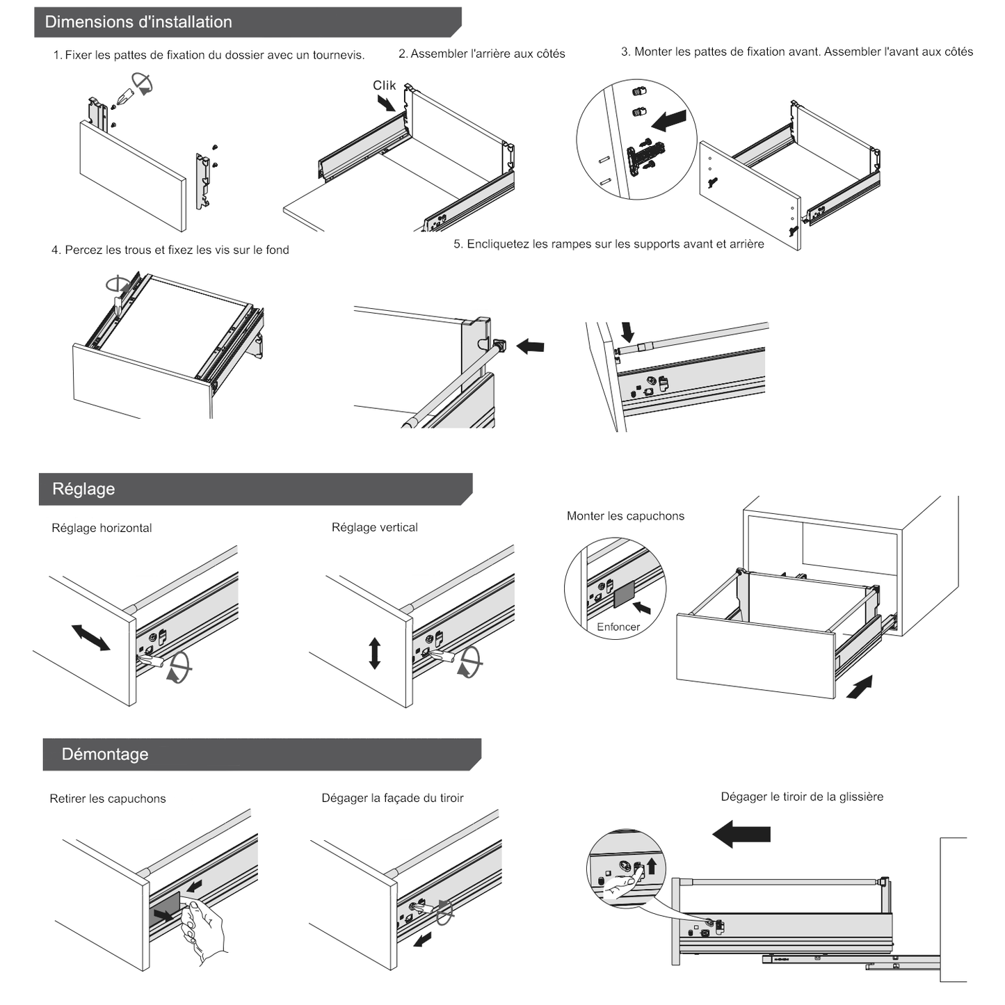 Système de tiroir à fermeture silencieuse, MOYEN, H: 142mm, Argent 270-650mm