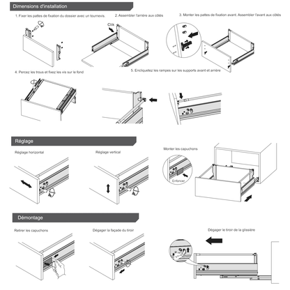 Système de tiroir à fermeture silencieuse, MOYEN, H: 142mm, Argent 270-650mm