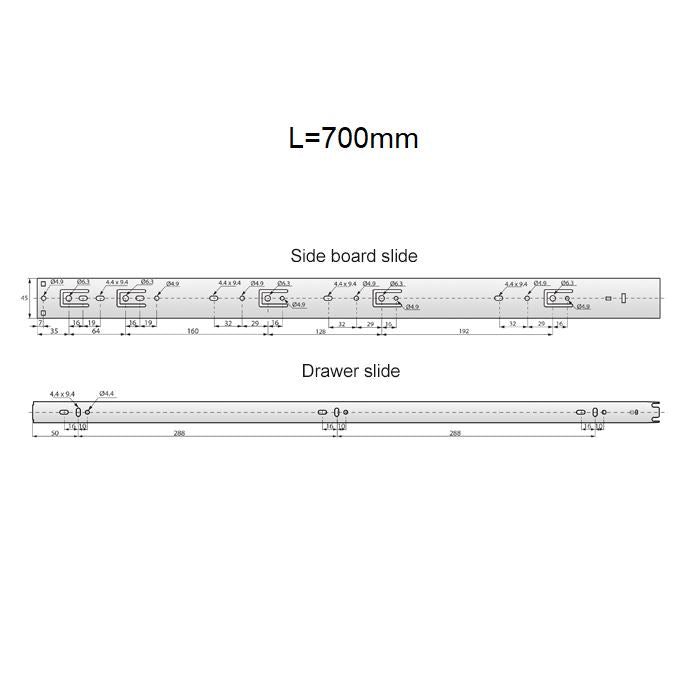 Ensemble de glissières à roulement à billes Push-to-Open (gauche et droite), H45 NTP 