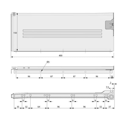 Ensemble de Metalbox avec rouleaux de POM, H150, épaisseur 1,2 mm, blanc NTP 400mm 