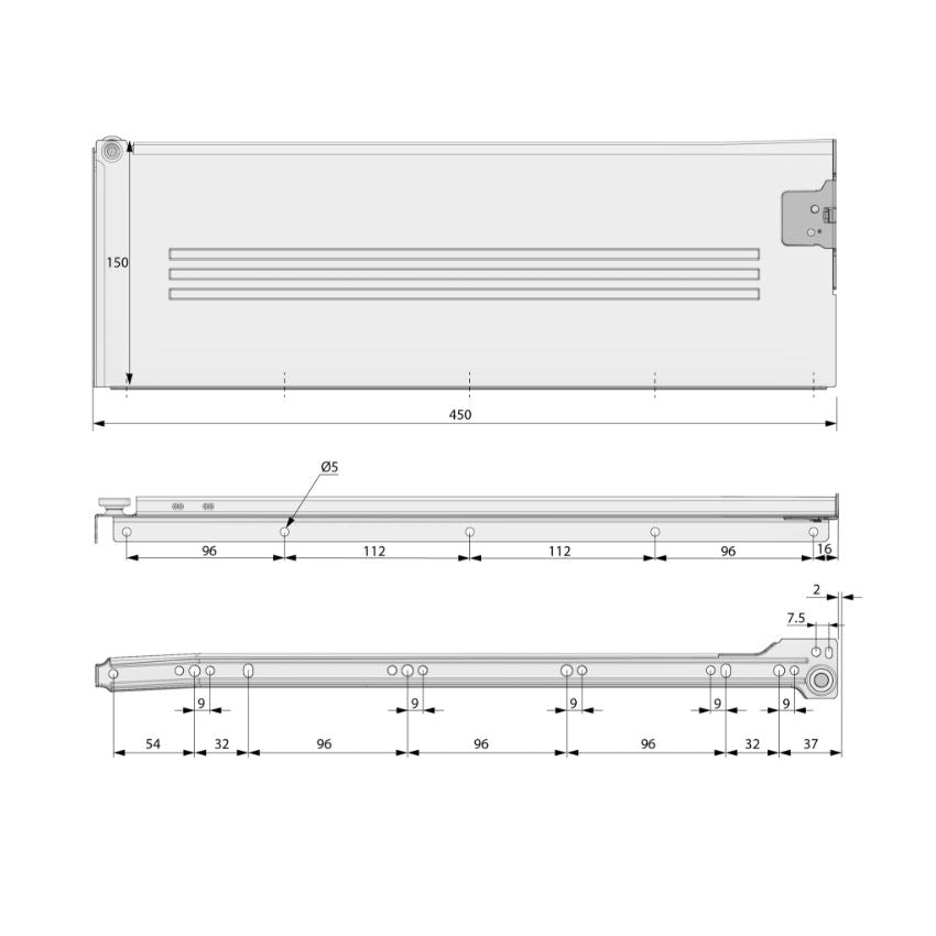 Ensemble de Metalbox avec rouleaux de POM, H150, épaisseur 1,2 mm, blanc NTP 450mm 