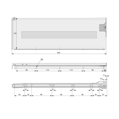 Ensemble de Metalbox avec rouleaux de POM, H150, épaisseur 1,2 mm, blanc NTP 450mm 