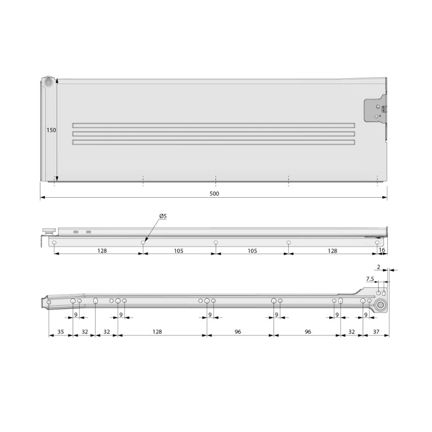 Ensemble de Metalbox avec rouleaux de POM, H150, épaisseur 1,2 mm, blanc NTP 500mm 