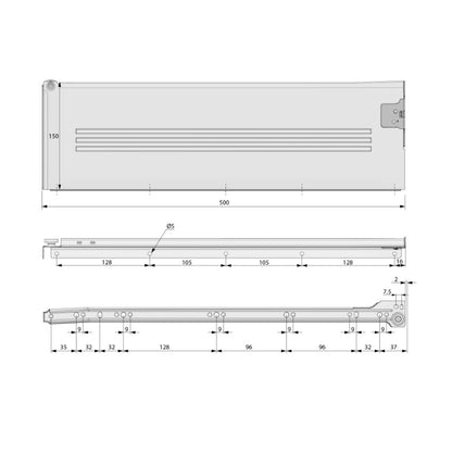 Ensemble de Metalbox avec rouleaux de POM, H150, épaisseur 1,2 mm, blanc NTP 500mm 