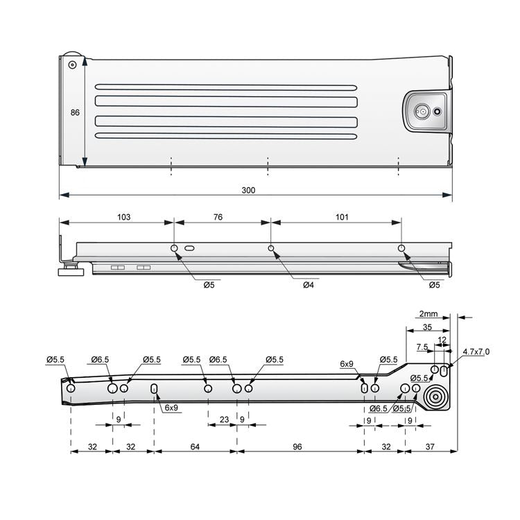 Ensemble de Metalbox avec rouleaux de POM, H86, épaisseur 1,2 mm, blanc NTP 300mm 
