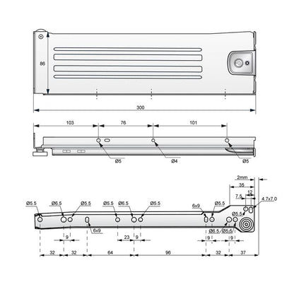 Ensemble de Metalbox avec rouleaux de POM, H86, épaisseur 1,2 mm, blanc NTP 300mm 