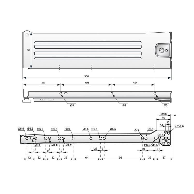 Ensemble de Metalbox avec rouleaux de POM, H86, épaisseur 1,2 mm, blanc NTP 350mm 