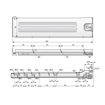 Ensemble de Metalbox avec rouleaux de POM, H86, épaisseur 1,2 mm, blanc NTP 350mm 