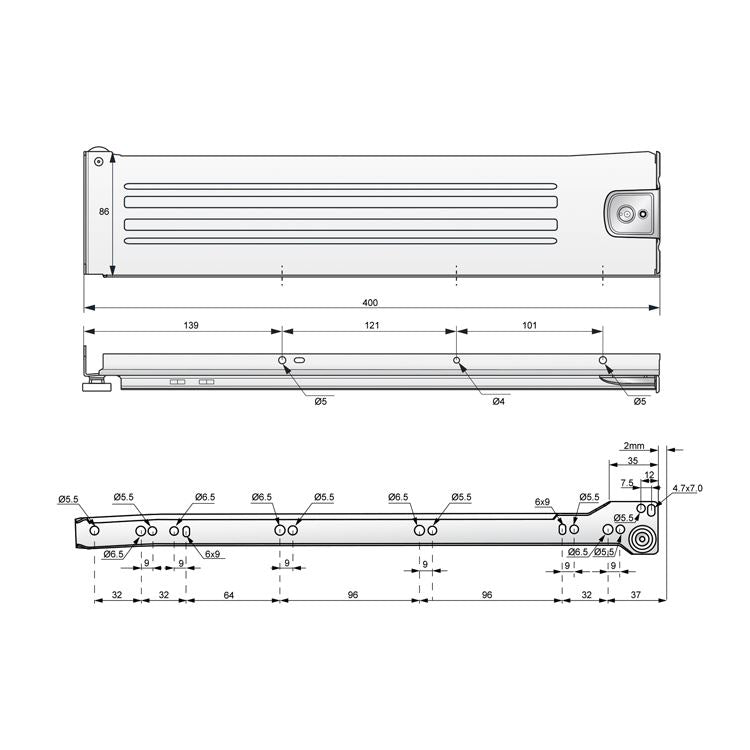 Ensemble de Metalbox avec rouleaux de POM, H86, épaisseur 1,2 mm, blanc NTP 400mm 