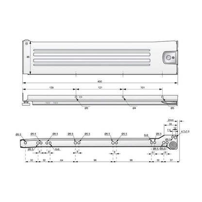 Ensemble de Metalbox avec rouleaux de POM, H86, épaisseur 1,2 mm, blanc NTP 400mm 