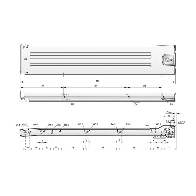Ensemble de Metalbox avec rouleaux de POM, H86, épaisseur 1,2 mm, blanc NTP 450mm 