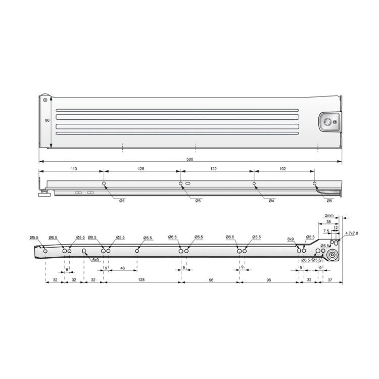 Ensemble de Metalbox avec rouleaux de POM, H86, épaisseur 1,2 mm, blanc NTP 500mm 