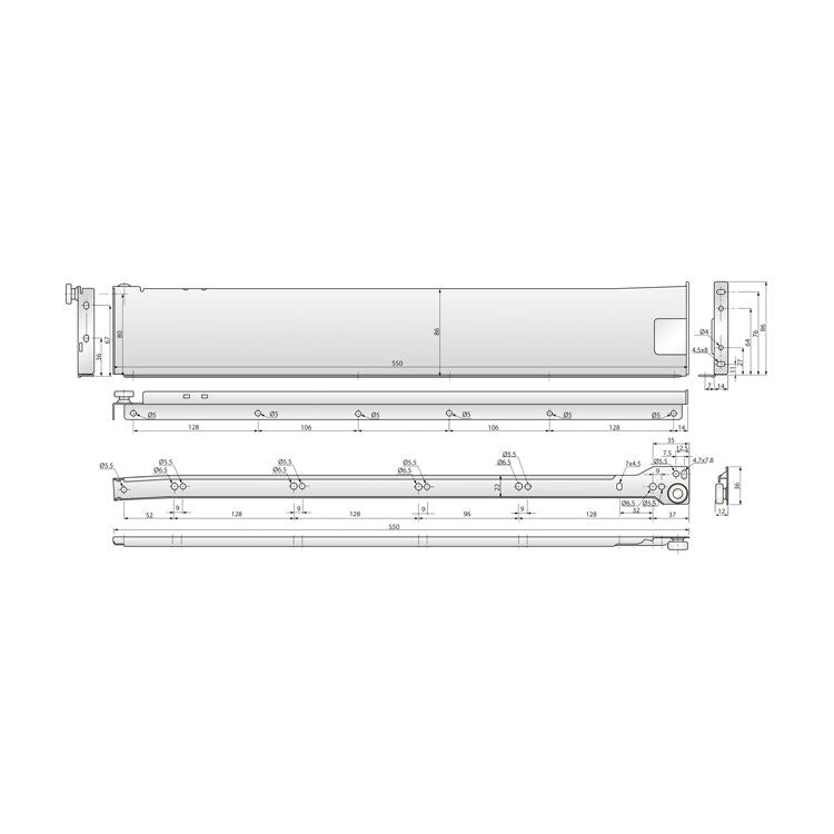 Ensemble de Metalbox avec rouleaux de POM, H86, épaisseur 1,2 mm, blanc NTP 550mm 