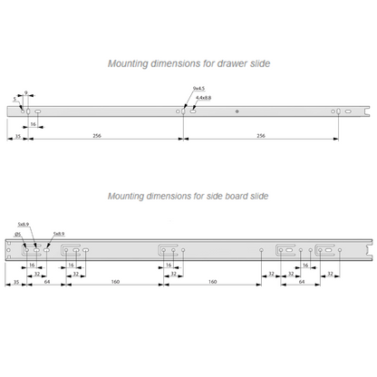 Ensemble de coulisses à billes - Rainure 35mm (gauche et droite), H35