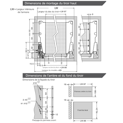 Système de tiroir à fermeture silencieuse, HAUT, H: 185mm, Blanc 270-550mm