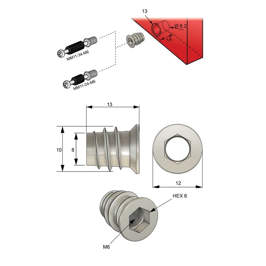 Insert fileté M6 10x13mm - 1000 pièces NTP 