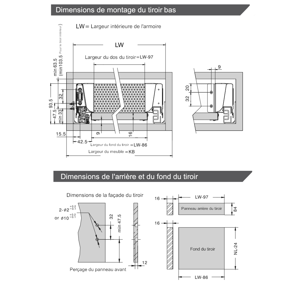 Système de tiroir à fermeture silencieuse, BASSE, H: 68 mm, Argent 270-650mm