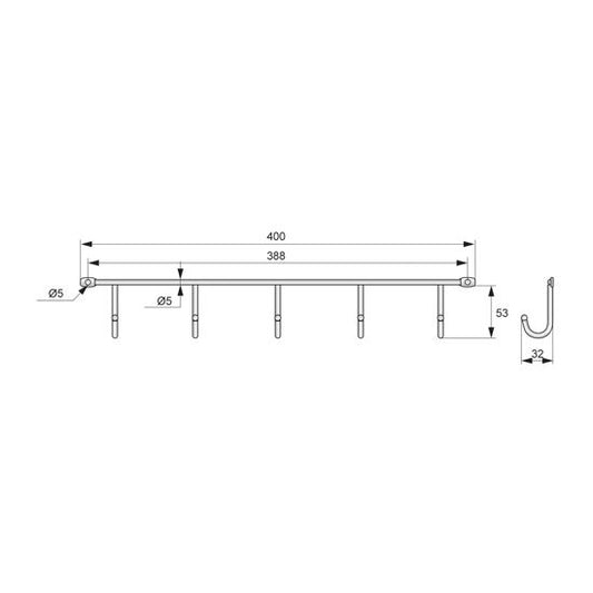 Patère murale - 5 crochets 400mm NTP 
