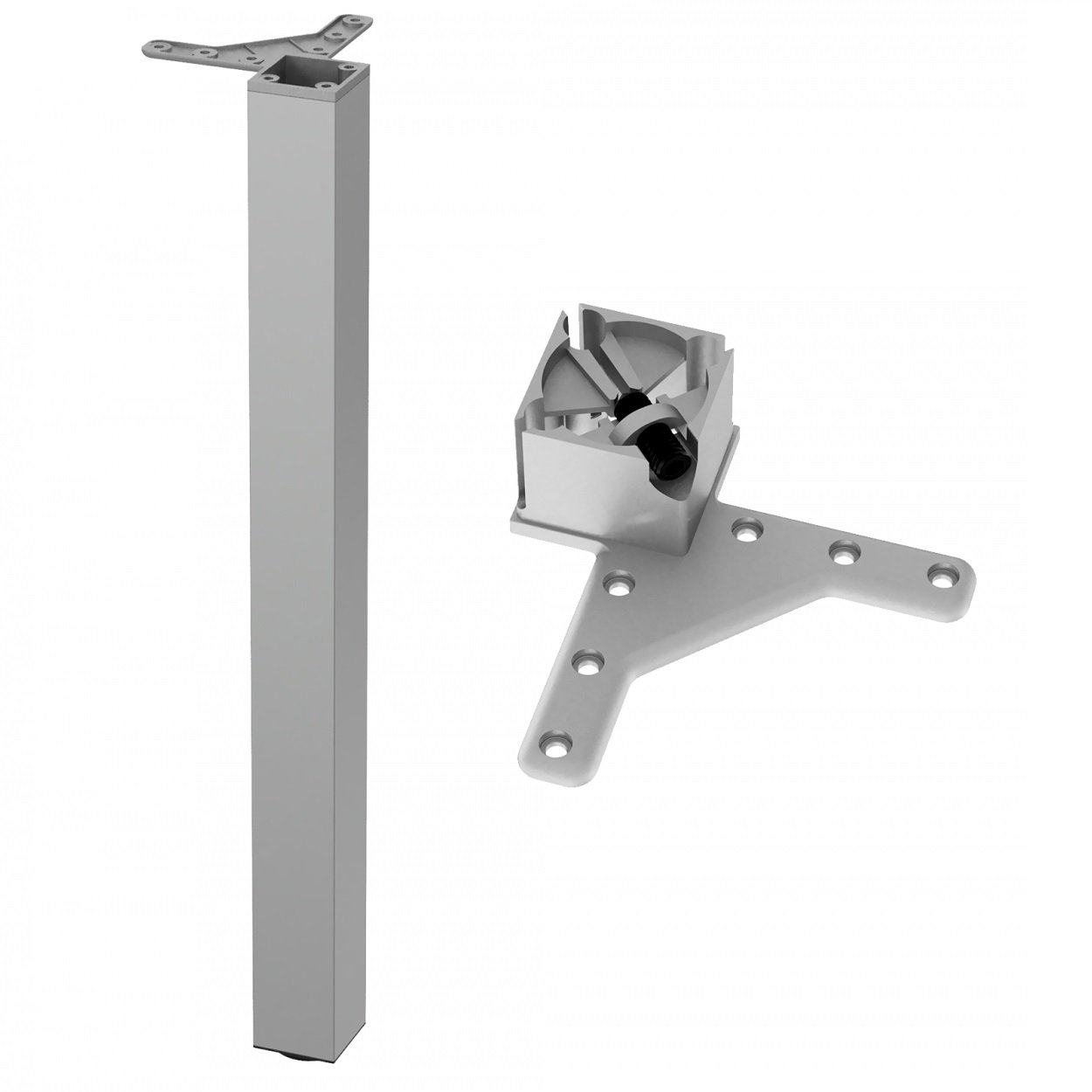 Pied de meuble carré réglable 710mm, Plaque de montage ZnAl - Aluminium Furnica 