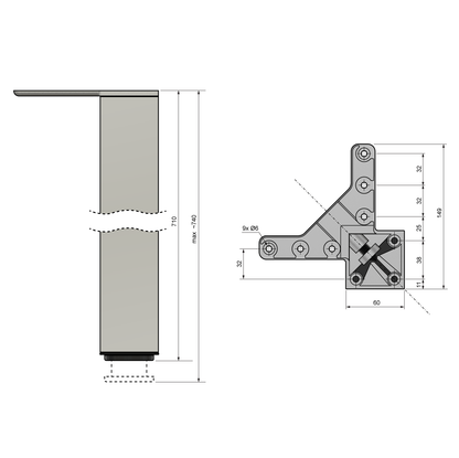 Pied de meuble carré réglable 710mm, Plaque de montage ZnAl - Aluminium Furnica 