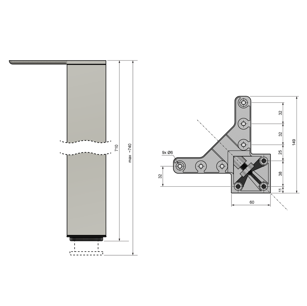Pied de meuble carré réglable 710mm, Plaque de montage ZnAl - Aluminium