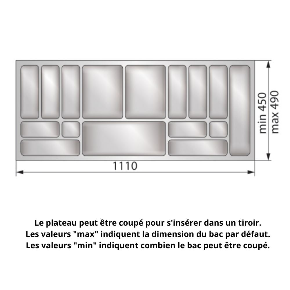 Range-couverts pour tiroir, largeurs d'armoires: 700 à 800 mm, profondeur:  430 mm, Métalliques - Furnica