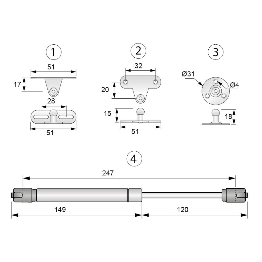 Verin de porte à gaz 250mm - 60N NTP 